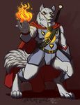  anthro canine clothed clothing cybercat fire fur magic male mammal melee_weapon muscular open_mouth smile solo standing sword weapon 