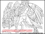  anthro avian bird cybercat duo feathered_wings feathers female humanoid male monochrome nude open_mouth standing wings 