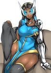  absurdres arm_support black_hair breasts couch cyborg dark_skin gggg headgear highres large_breasts leg_up looking_at_viewer mechanical_arm overwatch sitting solo symmetra_(overwatch) thick_thighs thighhighs thighs visor 