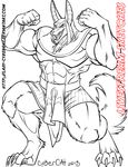  anthro canine clothed clothing cybercat flexing jackal looking_at_viewer male mammal monochrome muscular open_mouth smile solo 