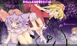  3girls blonde_hair bloomers bow breasts covered_nipples fang flandre_scarlet flat_chest hair_bow halloween hat highres jack-o'-lantern long_hair multiple_girls patchouli_knowledge pumpkin pumpkin_hat purple_hair red_eyes remilia_scarlet shikinyan short_hair siblings side_ponytail sisters small_breasts smile socks touhou trick_or_treat underwear upskirt wings wrist_cuffs 