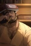  1boy bara beard book book_on_head brown_eyes brown_hair buttons chest_hair collared_shirt english_text facial_hair glasses highres indoors jojiart male_focus object_on_head original pectoral_cleavage pectorals pencil shelf shirt solo upper_body white_shirt 