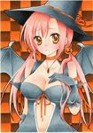  bad_id bad_pixiv_id bat_wings blush breasts brown_eyes checkered checkered_background cleavage food_themed_hair_ornament hair_ornament halloween hat hayate_no_gotoku! jack-o'-lantern katsura_hinagiku kuune_rin large_breasts long_hair looking_at_viewer marker_(medium) millipen_(medium) pink_hair pumpkin pumpkin_hair_ornament solo traditional_media twintails wings witch_hat 