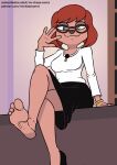 4_toes anthro barefoot canid canine canis clothed clothing disney domestic_dog eyewear feet female glasses goof_troop hair hi_res looking_at_viewer mammal mrchasecomix red_hair ring soles solo sylvia_marpole toes