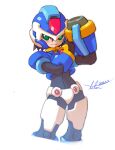  1boy :3 aile_(mega_man_zx) arm_cannon armor black_bodysuit blue_armor blue_helmet blush bodysuit bodysuit_under_clothes brown_hair cowboy_shot cropped_jacket crotch_plate dated forehead_jewel highres kamiyama_teten mega_man_(series) mega_man_zx model_x_(mega_man) power_armor short_hair signature simple_background smug solo weapon white_background x_buster 