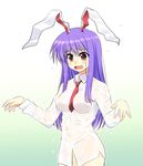  animal_ears bottomless breasts bunny_ears dress_shirt long_hair medium_breasts necktie purple_hair red_eyes red_neckwear reisen_udongein_inaba see-through shirt solo takadoya touhou wet wet_clothes 