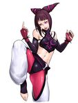  :p abs absurdres bare_shoulders barefoot detached_sleeves drill_hair dudou fingerless_gloves gloves glowing glowing_eye haleiwa halter_top halterneck han_juri highres middle_finger navel solo standing standing_on_one_leg street_fighter street_fighter_iv_(series) tongue tongue_out twin_drills 