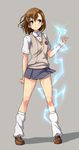  :&lt; biribiri brown_eyes brown_hair electricity hair_ornament hairclip loafers loose_socks misaka_mikoto nekomamire school_uniform shoes short_hair shorts shorts_under_skirt skirt socks solo sweater_vest to_aru_kagaku_no_railgun to_aru_majutsu_no_index uniform 