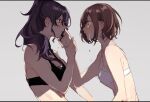  2girls asahina_mafuyu black_bra blush bra brown_eyes brown_hair commentary crying crying_with_eyes_open earrings eye_contact from_side grey_background haize hand_on_another&#039;s_face holding_another&#039;s_wrist jewelry long_hair looking_at_another multiple_girls parted_lips ponytail profile project_sekai purple_hair shinonome_ena short_hair simple_background tears underwear underwear_only upper_body white_bra yuri 