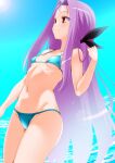  1girl bare_shoulders bikini breasts engo_(aquawatery) forehead highres long_hair lutecia_alpine lyrical_nanoha navel parted_bangs purple_hair red_eyes sidelocks small_breasts smile swimsuit thighs 