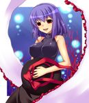  bare_shoulders hat hat_on_chest hat_removed hat_ribbon headwear_removed holding holding_hat impossible_clothes impossible_shirt nagae_iku open_mouth purple_hair red_eyes ribbon saemon_(tonpura) shawl shirt short_hair sleeveless sleeveless_turtleneck smile solo touhou turtleneck 