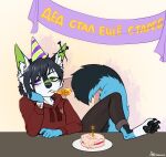  absurd_res anthro cake canid canine canis clothed clothing dessert digital_media_(artwork) domestic_dog food fur hair heterochromia hi_res looking_at_viewer male mammal rinkamo signature simple_background solo tail text 