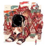  1girl absurdres aiguillette animal animal_focus animal_print bearskin_cap black_hat border brown_eyes building city cityscape clothed_animal dog dog_print flag hat highres jacket original outside_border oversized_animal paw_print plaid plaid_jacket red_jacket scenery simple_bird size_difference tassel tile_roof tonbippo08 tongue tongue_out twitter_username welsh_corgi white_border 