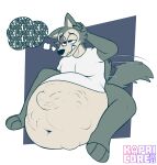  2023 abdominal_bulge anthro beastars belly big_belly body_outline bottomless canid canine canis clothed clothing deep_navel duo embarrassed eye_scar facial_scar hi_res huge_belly kapricore legoshi_(beastars) male mammal navel profanity scar shirt shirt_only simple_background tail tail_motion tailwag tan_body thought_bubble topwear topwear_only vore wolf 
