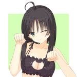  1girl ;) ahoge bare_arms black_bra black_hair blush border bra breasts cat_lingerie cleavage cleavage_cutout closed_mouth clothing_cutout collarbone commentary_request green_background green_eyes hair_between_eyes hands_up happy hitachi_mako large_breasts looking_at_viewer meme_attire one_eye_closed paw_pose senren_banka shirayamakoma short_hair_with_long_locks simple_background smile solo spaghetti_strap split_mouth straight_hair tsurime underwear upper_body white_border 