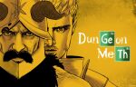  2boys breaking_bad closed_mouth commentary dungeon_meshi facial_hair fake_horns helmet horns kimleon laios_touden looking_at_viewer male_focus multiple_boys mustache parody senshi_(dungeon_meshi) short_hair v-shaped_eyebrows yellow_background 