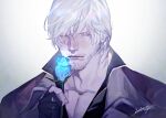  1boy bishounen blue_eyes blue_flower blue_rose coat colored_eyelashes dante_(devil_may_cry) devil_may_cry_(series) devil_may_cry_4 dmc_pa eyelashes facial_hair fingerless_gloves flower gloves holding male_focus mature_male pale_skin pectorals rose simple_background smile solo white_hair 