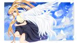  air blonde_hair blue_eyes feathers fule highres kamio_misuzu long_hair ponytail school_uniform solo very_long_hair wings 