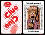  2023 4_fingers anthro bear big_nose black_border border brown_body brown_facial_hair brown_fur brown_mustache bruce_mccorkindale card clothing clue_(film) cluedo crossover english_text eyebrows facial_hair fingerprint fingers fozzie_bear fur hasbro jacket looking_at_viewer magnifying_glass male mammal mansion muppet muppets mustache necktie noose parody pink_nose playing_card rope shirt signature silhouette solo tabletop_game text the_muppet_show thick_eyebrows topwear white_clothing white_shirt white_topwear window 