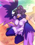  1girl beach beach_towel bird_legs body_freckles breasts colored_nipples commentary commission curly_hair english_commentary feathered_wings feathers food food_in_mouth freckles harpy highres large_breasts long_hair looking_at_viewer monster_girl mouth_hold navel nipples nude original pink_feathers pink_wings pointy_ears popsicle popsicle_in_mouth pumpkin_derp purple_eyes purple_feathers purple_hair purple_nipples purple_skirt pussy sitting skirt solo talons towel two-tone_wings uncensored wariza wings 