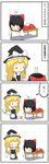  4koma black_hair blonde_hair bow chibi comic detached_sleeves hakurei_reimu hat highres kirisame_marisa multiple_girls potaaju touhou translated 