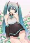  1girl absurdres aqua_eyes aqua_hair black_dress black_sleeves breasts chiyu_(bokunopiko) cleavage closed_mouth commentary detached_sleeves dress flower hatsune_miku highres long_hair sitting sleeveless sleeveless_dress smile solo twintails very_long_hair vocaloid 