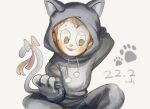  1boy animal_costume animal_ear_hood animal_ears animal_hands arm_behind_head artist_name black_eyes blush bow brown_hair cat_costume cat_ears cat_tail commentary danganronpa_(series) danganronpa_v3:_killing_harmony dated embarrassed english_commentary fake_tail feet_out_of_frame gloves grey_gloves grey_hood grey_jacket hood hood_up hooded_jumpsuit hoshi_ryoma jacket loiodg looking_down male_focus onesie open_mouth paw_gloves paw_print red_bow short_hair simple_background sitting smile solo sweat tail tail_bow tail_ornament teeth white_background 