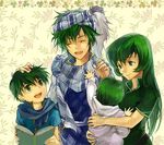  2girls baby book brother_and_sister child closed_eyes family fire_emblem fire_emblem:_seisen_no_keifu fury_(fire_emblem) good_end green_eyes green_hair husband_and_wife kaito_(sawayakasawaday) levin_(fire_emblem) long_hair lowres multiple_boys multiple_girls petting phee_(fire_emblem) scarf sety_(fire_emblem) short_hair siblings smile striped striped_scarf younger 
