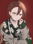  1girl aketa_mikoto breasts brown_eyes brown_hair brown_jacket choker closed_mouth collarbone earrings floral_print green_shirt hair_between_eyes hashtag-only_commentary highres idolmaster idolmaster_shiny_colors jacket jewelry long_sleeves looking_at_viewer red_background shirt short_hair small_breasts smile solo upper_body yumeme_818 