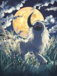  7_phi_3 absol all_fours body_fur cloud full_moon glowing glowing_eyes grass highres looking_at_viewer moon nature night outdoors pokemon pokemon_(creature) red_eyes solo star_(symbol) white_fur 