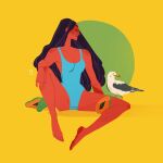  1girl absurdres arm_support artist_logo barefoot bird black_hair blue_one-piece_swimsuit breasts collarbone dark-skinned_female dark_skin english_commentary facing_to_the_side feet full_body hand_on_own_knee highres long_hair one-piece_swimsuit original papaya profile samanthamashart seagull sitting solo spread_legs swimsuit toes yellow_background 