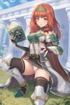  1girl arm_guards armor armored_boots belt black_gloves black_skirt black_thighhighs blush book boots breastplate breasts brown_belt cape celica_(fire_emblem) celica_(fire_emblem)_(valentia&#039;s_hope) day detached_collar earrings fingerless_gloves fire_emblem fire_emblem_echoes:_shadows_of_valentia fire_emblem_heroes gloves gold_trim grass headpiece holding holding_book jewelry kamuchin_soda long_hair looking_at_viewer medium_breasts o-ring official_alternate_costume on_ground on_one_knee outdoors panties pantyshot pillar red_eyes red_hair shirt skirt solo thighhighs underwear white_cape white_panties white_shirt 