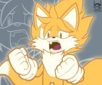  2024 2_tails 5_fingers anthro black_nose blonde_hair canid canine cheek_tuft chonzo clothing digital_drawing_(artwork) digital_media_(artwork) dipstick_tail dragon_ball dragon_ball_z facial_tuft fingers fist fox front_view fur gloves glowing grey_background hair handwear hi_res male mammal markings miles_prower multi_tail narrowed_eyes open_mouth orange_eyes portrait sega simple_background solo sonic_the_hedgehog_(series) super_saiyan tail tail_markings teeth tuft white_body white_clothing white_fur white_gloves white_handwear white_inner_ear white_tail_tip yellow_body yellow_ears yellow_fur yellow_tail 