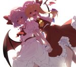  2girls ascot backlighting blonde_hair bow brown_eyes brown_wings closed_mouth collared_shirt commentary crystal_wings feet_out_of_frame flandre_scarlet frilled_hat frilled_shirt frilled_shirt_collar frilled_skirt frilled_sleeves frills gem grey_hair hair_between_eyes hand_to_own_mouth hand_up hat hat_bow highres holding_hands interlocked_fingers long_hair looking_at_viewer mob_cap multiple_girls none_(none18411) open_mouth red_ascot red_bow red_sash red_skirt red_vest remilia_scarlet sash shirt short_hair short_sleeves siblings side_ponytail simple_background sisters sketch skirt skirt_hold smile standing touhou vest white_background white_hat white_shirt white_skirt wings wrist_cuffs yellow_ascot 