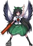  arm_cannon asymmetrical_clothes black_hair bow cape full_body green_bow hair_bow long_hair lowres mismatched_footwear pixel_art red_eyes reiuji_utsuho solo third_eye touhou transparent_background unk_kyouso weapon wings 