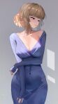  1girl absurdres arm_under_breasts blue_dress breasts character_request cleavage clisapex covered_navel dress dress_slip highres large_breasts light_brown_hair long_sleeves looking_to_the_side medium_hair purple_eyes simple_background sleeves_past_wrists snowbreak:_containment_zone solo 