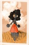 anthro black_hair bow_ribbon canid canine canis chuchito72 clothed clothing domestic_dog female field flat_chested fur grey_body grey_fur hair hi_res mammal maria_jose_(chuchito72) poodle simple_background skirt_only solo topless trans_(lore) trans_woman_(lore)
