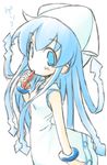 blue_eyes blue_hair bracelet eating hat ikamusume jewelry long_hair nishizaki_eimu shinryaku!_ikamusume shrimp solo tentacle_hair tentacles 