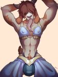 anthro ave_(wispuff) belly_dancer belly_dancer_outfit bovid bra brown_body brown_fur bulge caprine clothed clothing crossdressing curved_horn floppy_ears fur genital_outline goat hair hair_over_eyes hi_res horn long_tongue male mammal multicolored_body multicolored_fur nipple_outline orange_body orange_fur piercing tan_body tan_fur thong_straps tight_clothing tongue tongue_piercing two_tone_body two_tone_fur underwear yildunstar