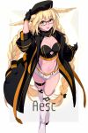  1girl aesc_(fate) beret blonde_hair blue_eyes blush braid breasts cleavage echo_(circa) fate/grand_order fate_(series) glasses hat head_wings jacket large_breasts long_hair long_sleeves looking_at_viewer open_clothes open_jacket open_mouth smile solo thighhighs twin_braids wings 