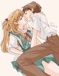  1girl amelie couple eye_contact hand_on_another's_cheek hand_on_another's_face hetero ikari_shinji imminent_kiss long_hair looking_at_another lying neon_genesis_evangelion red_hair school_uniform souryuu_asuka_langley 