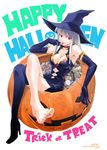  barefoot boots breasts candy cleavage crossed_legs dress elbow_gloves feet food gloves halloween happy_halloween hat jack-o'-lantern lollipop medium_breasts nail_polish original pink_nails pumpkin shirotsumekusa shoes single_shoe sitting solo thighhighs toes trick_or_treat witch_hat 