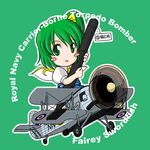  1girl aircraft airplane biplane blush_stickers bomber chibi commentary daiyousei green_eyes green_hair hair_ribbon military military_vehicle ribbon sakurato_tsuguhi short_hair solo swordfish_(airplane) torpedo touhou wings world_war_ii 