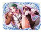  1girl boots breasts brown_footwear brown_jacket closed_mouth crying crying_with_eyes_open english_commentary hat jacket jewelry_bonney large_breasts lipstick long_hair makeup midriff navel official_art one_piece one_piece_treasure_cruise piercing pink_hair purple_eyes shirt sitting solo tears teeth white_shirt 