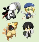  2girls alternate_color bad_id bad_pixiv_id beret black_hair blazblue blonde_hair braid cat_tail chibi dark_skin green_eyes gun hakumen handgun hat hazama kitasumaki multiple_girls noel_vermillion paw_print red_eyes snake sword tail taokaka weapon yellow_eyes 