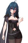  1girl absurdres black_shorts blue_eyes blue_hair breasts byleth_(female)_(fire_emblem) byleth_(fire_emblem) cleavage cloak clothing_cutout cowboy_shot fire_emblem fire_emblem:_three_houses highres large_breasts looking_at_viewer navel navel_cutout pantyhose short_shorts shorts simple_background solo white_background x_xith_x 