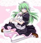  :p bikuto_ryuu blush breasts green_hair kobayakawa_chinu large_breasts long_hair maid maid_headdress purple_eyes rance_(series) sengoku_rance solo thighhighs tongue tongue_out 