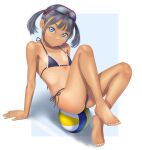  1girl arm_support ball barefoot beach_volleyball bikini blue_bikini blue_eyes commentary_request flat_chest full_body goggles goggles_on_head grey_hair highres looking_at_viewer original short_twintails side-tie_bikini_bottom sitting_on_ball solo swimsuit tan tanlines toes twintails uzuki_mei volleyball_(object) 