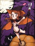  bat boots brown_eyes brown_hair bunny cape fang flat_chest frills gloves halloween hand_on_headwear hand_on_own_head hat idolmaster idolmaster_(classic) idolmaster_2 long_hair minase_iori moon navel open_mouth perspective pumpkin short_shorts shorts solo standing standing_on_one_leg ttomm wand witch_hat 