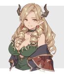  1girl blonde_hair breasts choker cleavage clothing_cutout commentary dangle_earrings draph dress drill_hair earrings granblue_fantasy green_choker green_dress highres horns jewelry long_coat looking_at_viewer maria_theresa_(granblue_fantasy) pointy_ears pota_(bluegutty) quad_drills solo underboob_cutout 